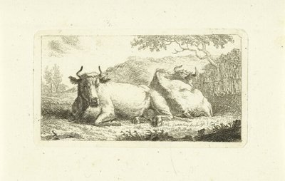 Dwie leżące krowy autorstwa Johannes van Cuylenburgh