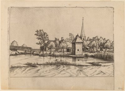 Wieś z kościołem i mostem autorstwa Johannes van Doetechum, the Elder and Lucas