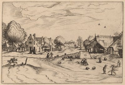 Wiejska wioska z owcami i siedzącym pasterzem autorstwa Johannes van Doetechum, the Elder and Lucas