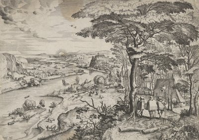 Idąc do Emaus Krajobraz z pielgrzymami w Emaus, ca. 1555-56. Twórcy: Johannes van Doetecum I, Lucas van Doetecum. autorstwa Johannes and Lucas van Doetecum