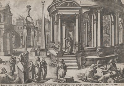 Zachariasz Wychodząc ze świątyni, z cyklu Wydarzenia w świątyni i wokół niej,..., ok. godz. 1572. Twórcy: Johannes van Doetecum I, Lucas van Doetecum. autorstwa Johannes and Lucas van Doetecum