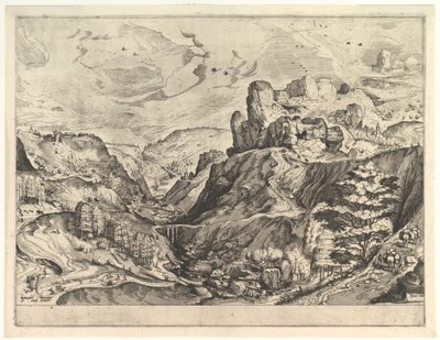 Pejzaż alpejski z głęboką doliną z Wielkich Pejzaży, ca. 1555-56. autorstwa Johannes van Doetecum I