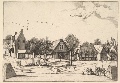 Wieś wiejska, na pierwszym planie łucznicy z Multifariarum casularum ruriumque linea..., 1559-61. autorstwa Johannes van Doetecum I