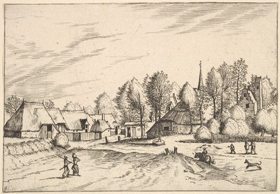Wieś wiejska z wieżą kościelną z Multifariarum casularum cechy wiejskie..., 1559-61 autorstwa Johannes van Doetecum I