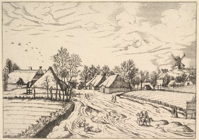 Wieś z młynem pocztowym z Multifariarum casularum curios features..., 1559-61. autorstwa Johannes van Doetecum I