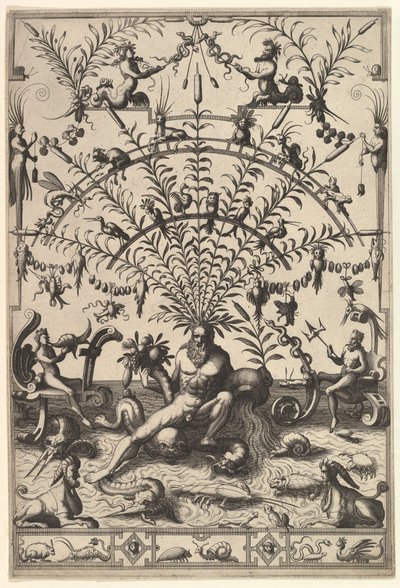 Nowoczesna dekoracja groteskowa z rzecznym bogiem, 1557. autorstwa Johannes van Doetecum I
