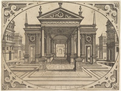 Talerz ze Scenografii..., ca. 1560. autorstwa Johannes van Doetecum I