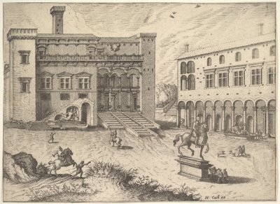 Widok na Campidoglio na Kapitolu, z posągiem konnym w prawym dolnym rogu, od..., 1562. autorstwa Johannes van Doetecum I