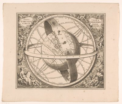 Hemelkaart van de aarde volgens het stelsel van Ptolemaeus Położenie ziemi otoczonej niebiańskimi kręgami (tytuł na obiekcie) autorstwa Johannes van Loon