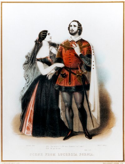Opera Lucrezia Borgia Gaetano Donizettiego - Wprowadzenie do sceny II z Mario (włoski tenor: 1810-1883) i Grisi (1811-1869) w Londynie, HM Theatre Production, 6 czerwca autorstwa John (after) Brandard