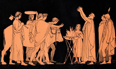 Nestor, król Pylos i były wojownik w wojnie trojańskiej, składa byki w ofierze Posejdonowi, scena z "Odysei" Homera (druk) autorstwa John (after) Flaxman