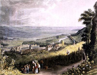 Meulan, z „Widoki na Sekwanę”, rycina Thomas Sutherland (ur. 1785) wyd. R. Ackermann (1764-1834) 1821 (kolor lito) autorstwa John (after) Gendall