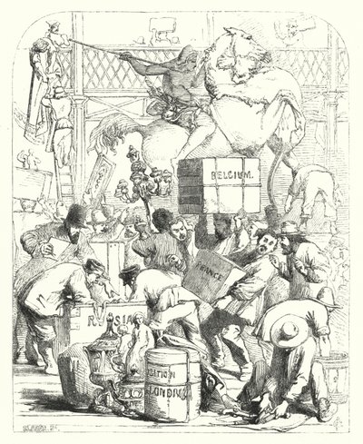 Przybycie towarów, które mają być wystawiane na wielkiej wystawie z 1851 r., Crystal Palace, Hyde Park, Londyn (grawerowanie) autorstwa John (after) Gilbert