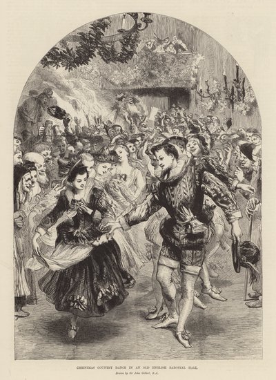 Świąteczny taniec wiejski w starej angielskiej sali magnackiej (grafika) autorstwa John (after) Gilbert