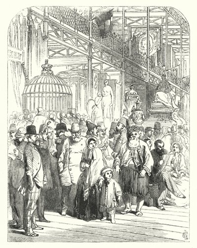 Wystawcy i zwiedzający w Crystal Palace, Hyde Park, Londyn, miejsce Wielkiej Wystawy z 1851 roku (grafika) autorstwa John (after) Gilbert
