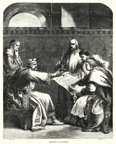 Król Jan odmawia podpisania Magna Charta w Oksfordzie w 1215 r. (grawerowanie) autorstwa John (after) Gilbert