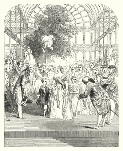Królowa Wiktoria i jej dzieci zwiedzające Wielką Wystawę 1851, Crystal Palace, Hyde Park, Londyn (rycina) autorstwa John (after) Gilbert