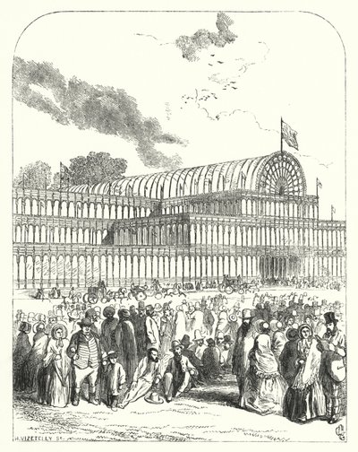 Pałac Kryształowy w Hyde Parku w Londynie, miejsce Wielkiej Wystawy 1851, zaprojektowany przez Josepha Paxtona i Charlesa Foxa (rycina) autorstwa John (after) Gilbert