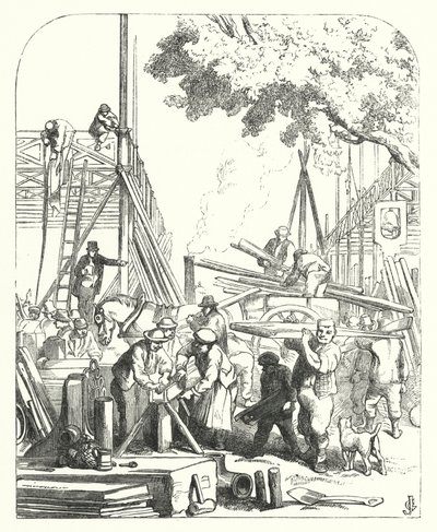 Robotnicy na terenie Crystal Palace, Hyde Park, Londyn, miejsce Wielkiej Wystawy z 1851 r. (rycina) autorstwa John (after) Gilbert