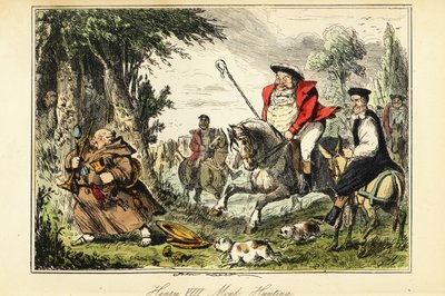 Król Henryk VIII w wiktoriańskim stroju myśliwskim z pasterzem na koniu goniącym katolickiego mnicha uciekającego ze kościelnym złotem autorstwa John (after) Leech