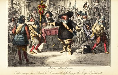 Oliver Cromwell usuwa buławę z Izby Gmin i rozwiązuje Parlament Zadowy w 1653 r. autorstwa John (after) Leech