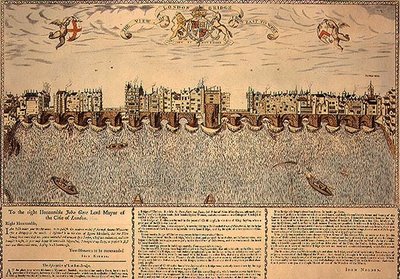 Widok mostu londyńskiego ze wschodu na zachód, przedruk ryciny z 1624 r. autorstwa John (after) Norden