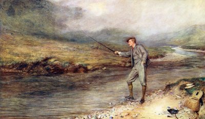 Łowienie pstrągów w Highlands (kolorowa litografia) autorstwa John (after) Pettie