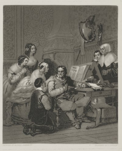 Rodzina Cromwell wstawia się za życie Karola I, grafika wykonana przez Alfreda Johannota (mezzotinta) autorstwa John (after) Sartain