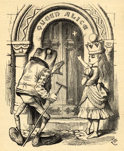 Alicja i żaba, ilustracja z „Po drugiej stronie lustra” Lewisa Carrolla (1832-98) opublikowana po raz pierwszy w 1871 r. (lito) autorstwa John (after) Tenniel