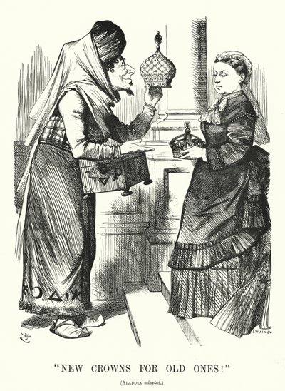Kreskówka poncz: Nowe korony dla starych. Benjamin Disraeli (jako Aladyn) z królową Wiktorią - ustawa o tytułach królewskich z 1876 r. uznająca królową za cesarzową Indii (rycina) autorstwa John (after) Tenniel
