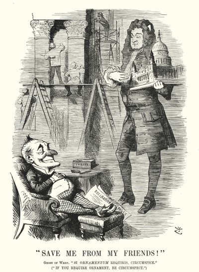 Punch cartoon: Save Me from My Friends - duch Sir Christophera Wrena i dekoracja katedry św. Pawła w Londynie (rycina) autorstwa John (after) Tenniel