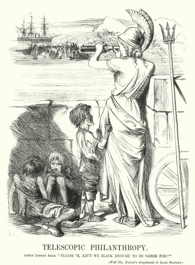 Punch cartoon: Telescopic Philanthropy - zajęcie wiktoriańskiej klasy średniej pomocą biednym za granicą, raczej opalenizna w domu (rycina) autorstwa John (after) Tenniel