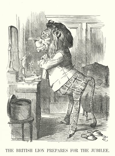 Punch cartoon: The British Lion przygotowuje się do jubileuszu – Złoty Jubileusz Królowej Wiktorii autorstwa John (after) Tenniel