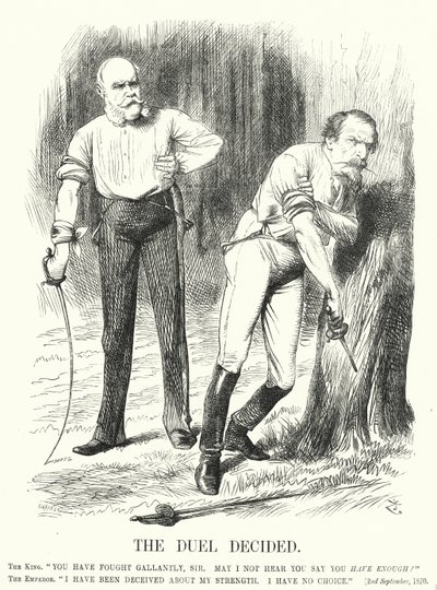 Punch cartoon: The Duel Decided - klęska Francji w wojnie francusko-pruskiej (rycina) autorstwa John (after) Tenniel