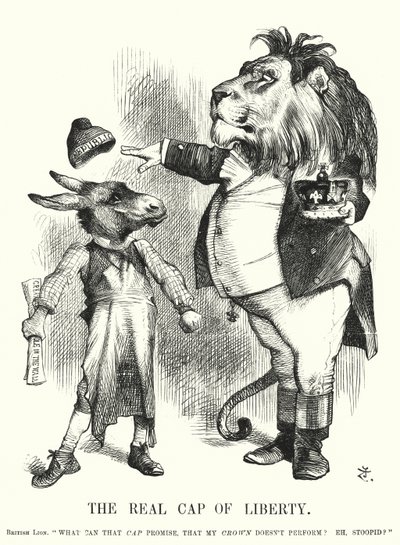 Punch cartoon: The Real Cap of Liberty – wyższość brytyjskiej monarchii konstytucyjnej nad republikanizmem (rycina) autorstwa John (after) Tenniel