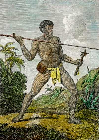 Przedstawienie mężczyzny z Nowej Kaledonii rzucającego włócznią. W drugiej ręce trzyma maczugę, ok. 1800 r. (rycina) autorstwa John (after) Webber