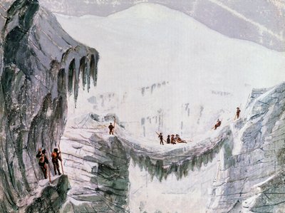 Wspinaczka na Mont Blanc, wspinacze zawieszeni w szczelinie, akwarela, Francja autorstwa Walter Charles Mills