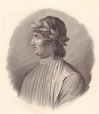 Portret włoskiego poety i humanisty Angelo Ambroginiego znanego również jako Poliziano (1454-1494), miedzioryt G Bonatti autorstwa Walter Charles Mills