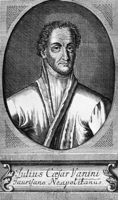 Portret Lucilio Vanini, znanego jako Giulio Cesare Vanini (1585-1619), włoskiego filozofa, lekarza i wolnomyśliciela, jednego z pierwszych znaczących przedstawicieli libertynizmu intelektualnego, rycina autorstwa Walter Charles Mills