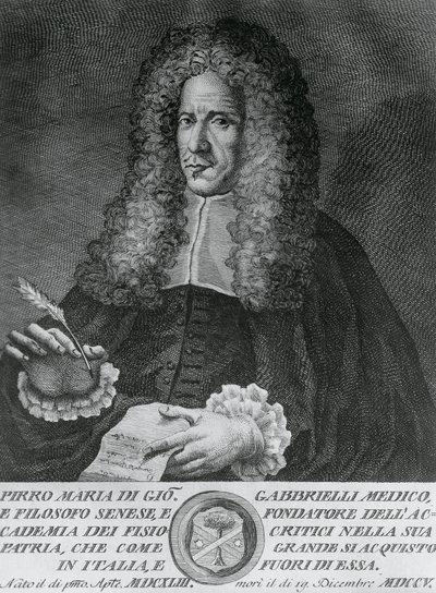 Portret Pirro Marii Gabbrielli (1643-1705), włoskiego filozofa, profesora medycyny teoretycznej i botaniki, rycina Cosimo Zocchi (czynny 1740-ca 1787) autorstwa Walter Charles Mills