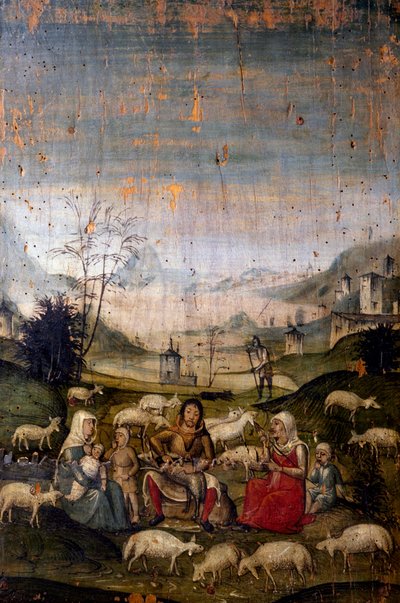 Scena ze Starego Testamentu, malowana tablica, detal z szafek Starej Zakrystii, Kościół Najświętszej Marii Panny Łaskawej (Lista Światowego Dziedzictwa UNESCO, 1980), Mediolan. Włochy autorstwa Walter Charles Mills