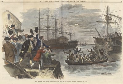 Boston Tea Party? Zniszczenie herbaty w Boston Harbor, 16 grudnia 1773, z pubu Ballous Pictorial Drawing-Room Companion. 1865 (kolor grawerowany) autorstwa John Andrew