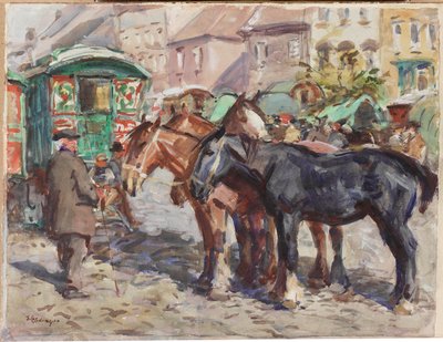 Czarny koń z domami w tle (ołówek i wc na papierze) autorstwa John Atkinson