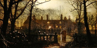 Scena księżycowa z dwiema postaciami (olej na panelu) autorstwa John Atkinson Grimshaw