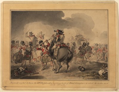42nd Highlanders at Waterloo, 1815 (wc pióro i atrament na papierze) autorstwa John Augustus Atkinson