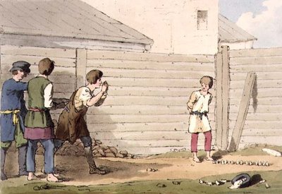 Babki, tablica 13 z tomu I „Maniery, obyczaje i zabawy Rosjan”, akwaforta artysty, wyd. 1803 (akwatinta) autorstwa John Augustus Atkinson