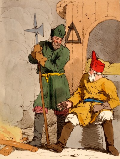 „Boutoushniki” lub Strażnicy, ilustracja z „Maniery, obyczaje i rozrywki Rosjan” Jamesa Walkera, wydana w latach 1803-4 (akwaforta) autorstwa John Augustus Atkinson