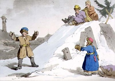 Dzieci schodzące z lodowego wzgórza, płyta 38 z tomu II „Maniery, obyczaje i zabawy Rosjan”, akwaforta artysty, wyd. 1804 (akwatinta) autorstwa John Augustus Atkinson