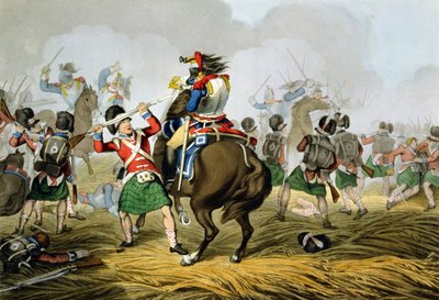 Francuscy kirasjerzy w bitwie pod Waterloo, zaatakowani i pokonani przez Highlanders i Scots Greys, rycina autorstwa Matthew Dubourg (fl.1813-20) z "Historic, Military and Naval Anecdotes", pub. przez E autorstwa John Augustus Atkinson