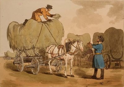 Wozy z sianem, tablica 60 z tomu II „Maniery, obyczaje i zabawy Rosjan”, akwaforta artysty, wyd. 1804 (akwatinta) autorstwa John Augustus Atkinson